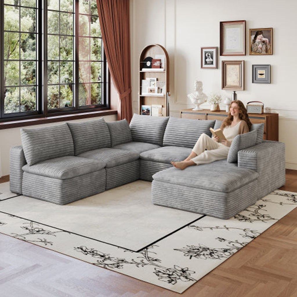 Grey NOVAHOME modular corduroy cloud sectional, 5-seat V-shaped with ottoman - W2824S00240