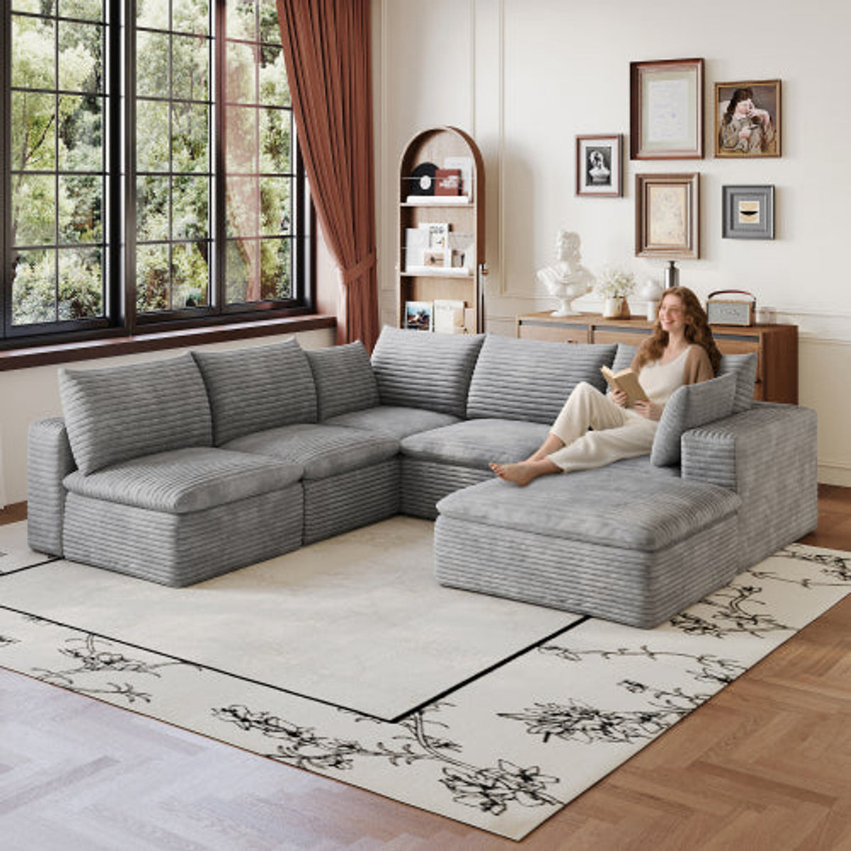 Grey NOVAHOME modular corduroy cloud sectional, 5-seat V-shaped with ottoman - W2824S00240
