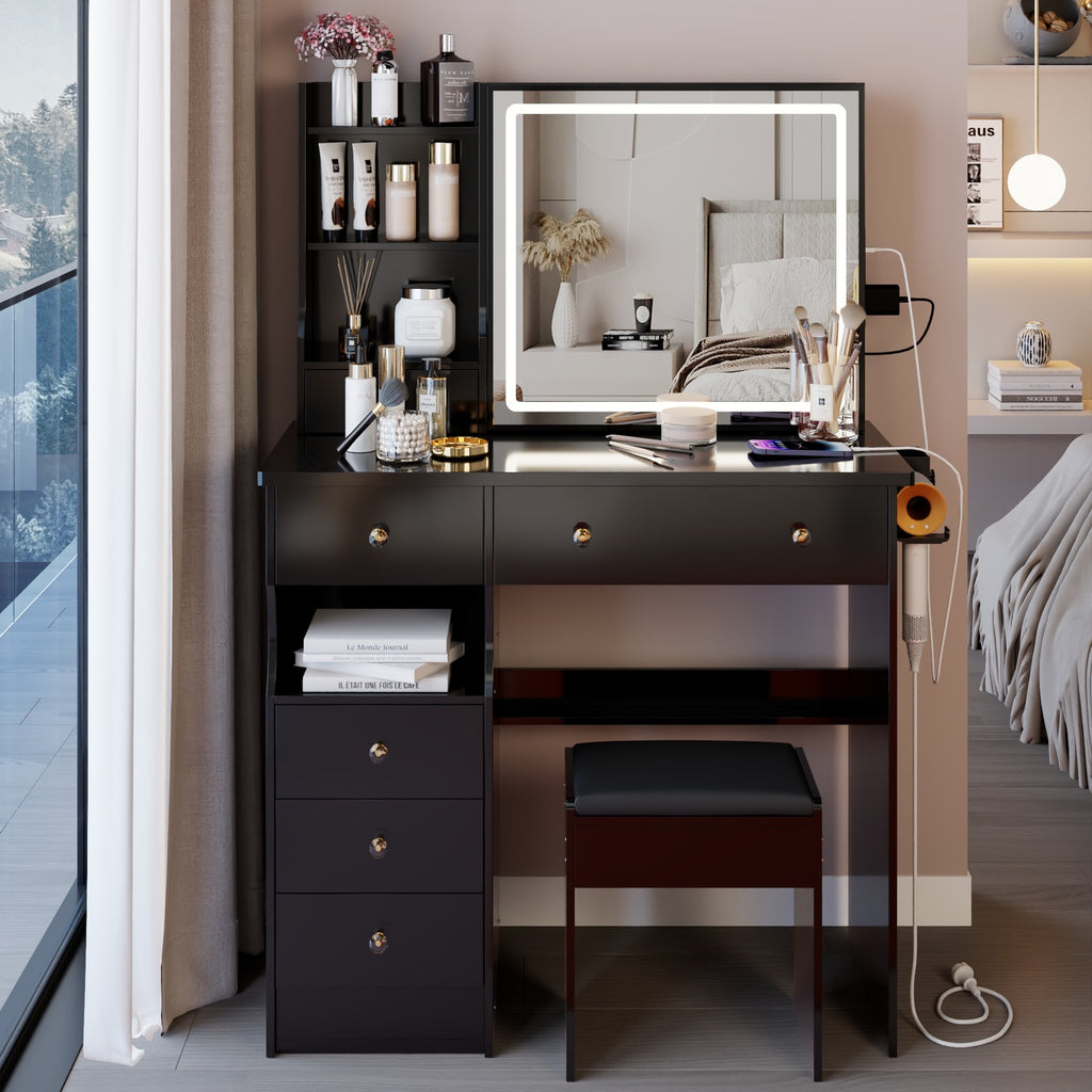 Black 37-inch vanity desk with LED sliding mirror and cushioned stool - W3258P448840