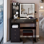 Black 37-inch vanity desk with LED sliding mirror and cushioned stool - W3258P448840