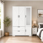 White 72-inch four-door LED wardrobe with mirror, two drawers and hanging rod - W409S00004