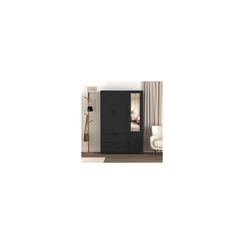 Black 72-inch four-door LED wardrobe with mirror, two drawers and hanging rod - W409S00005