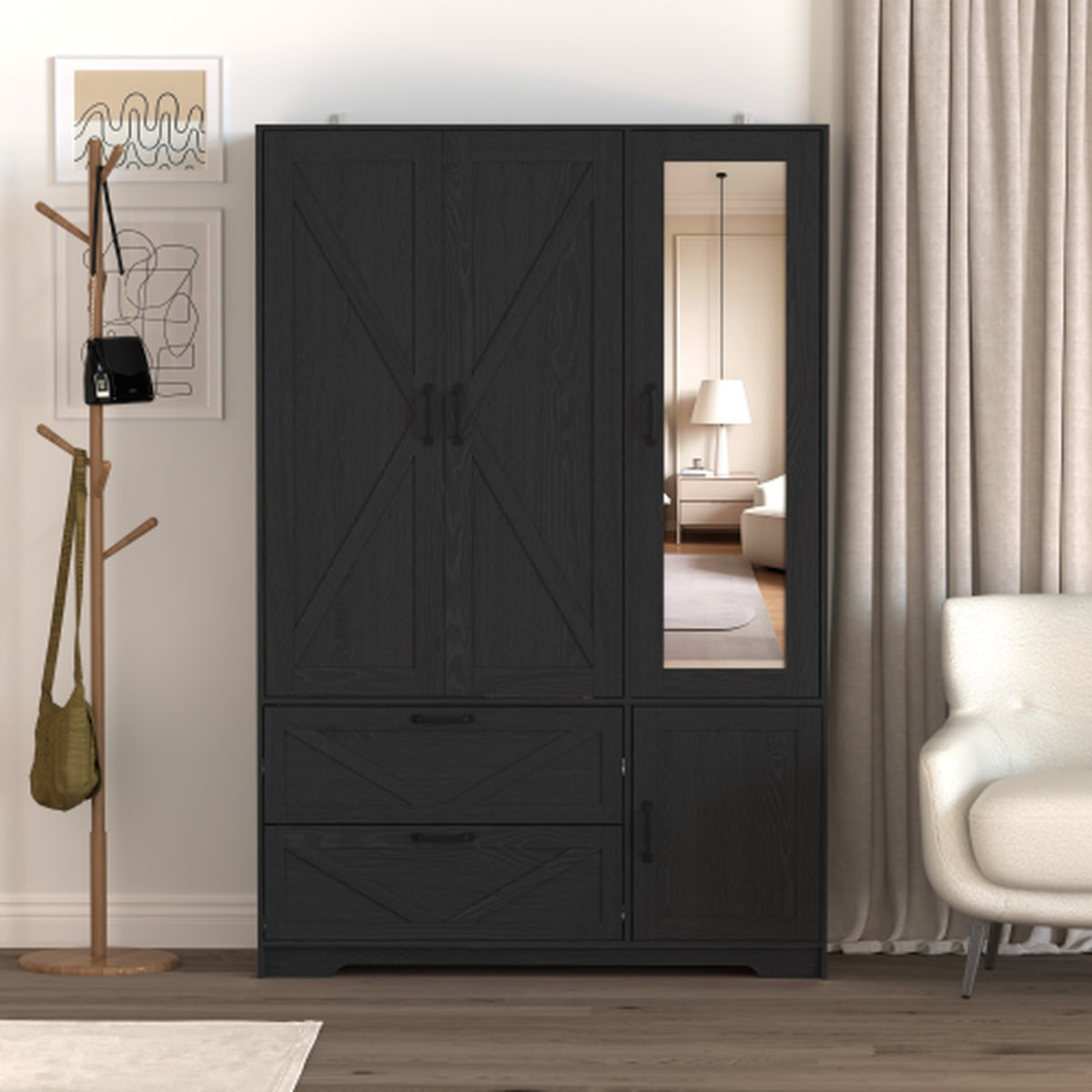 Black 72-inch four-door LED wardrobe with mirror, two drawers and hanging rod - W409S00005