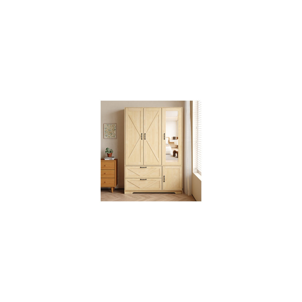 Natural wood finish 72-inch four-door LED wardrobe with mirror, two drawers and hanging rod - W409S00006