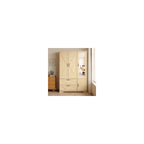 Natural wood finish 72-inch four-door LED wardrobe with mirror, two drawers and hanging rod - W409S00006