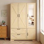 Natural wood finish 72-inch four-door LED wardrobe with mirror, two drawers and hanging rod - W409S00006