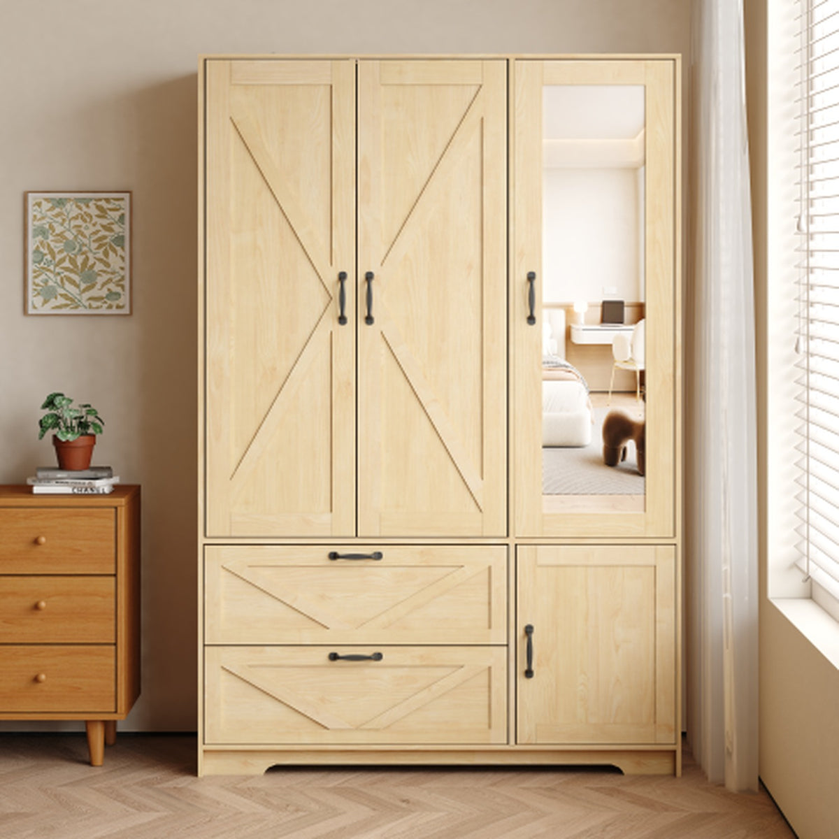 Natural wood finish 72-inch four-door LED wardrobe with mirror, two drawers and hanging rod - W409S00006