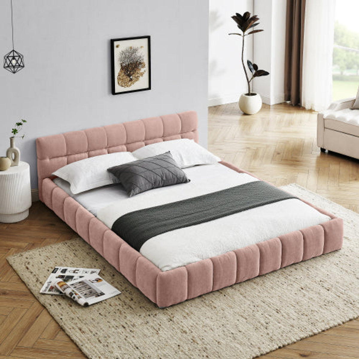 Pink NOVAHOME queen chenille upholstered platform bed - W487S00221
