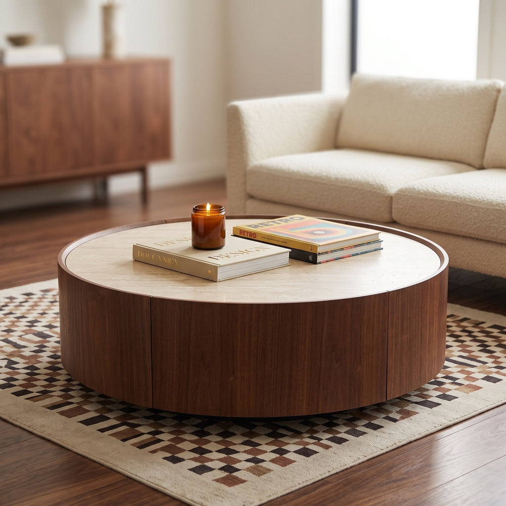 White and walnut NOVAHOME 39.3-inch round sintered stone coffee table with storage - W5098P533759