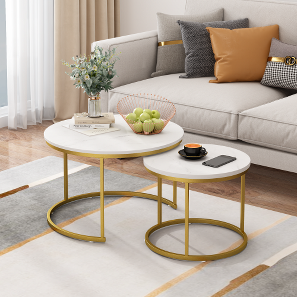 White / Gold NOVAHOME round nesting coffee table set of 2 - W808P475231