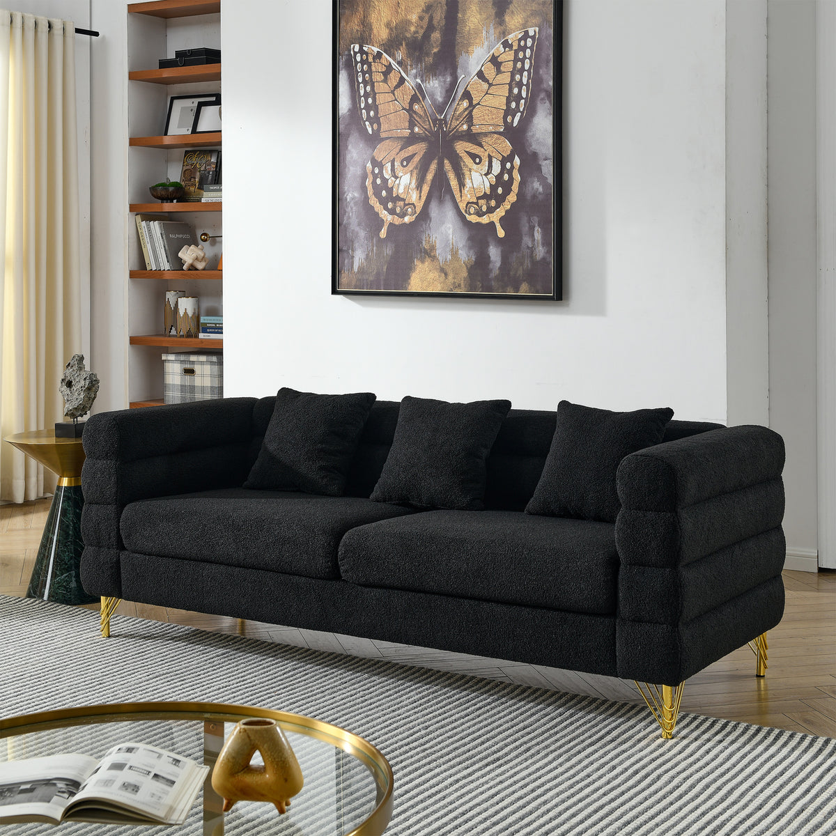 Black 3 Seat NOVAHOME Streamline Modern teddy upholstered sofa - W834S00131