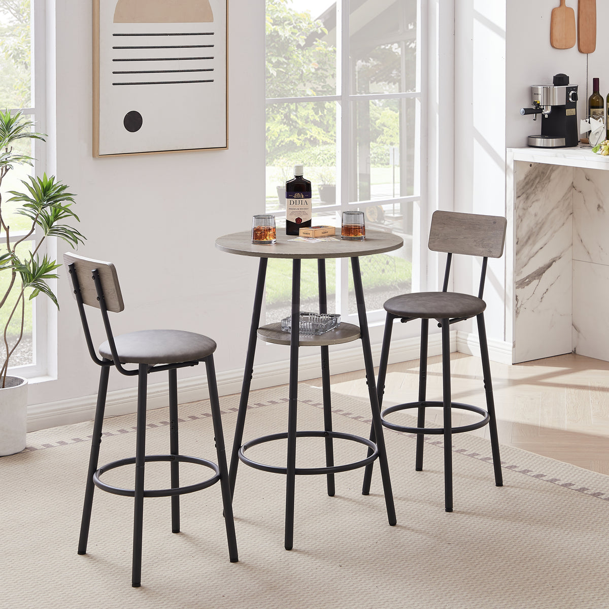 NOVAHOME 3-Piece Round Bar Table Set with 2 Upholstered Stools