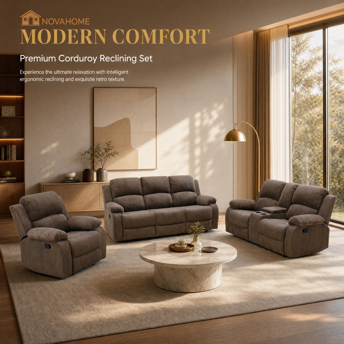 NOVAHOME Smart Reclining Premium Corduroy Sofa Set (3-Piece)