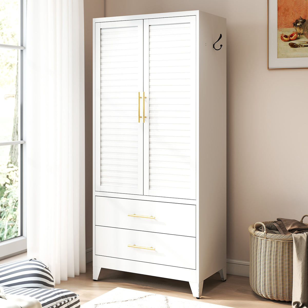 NOVAHOME White Metal Wardrobe Cabinets with Hanging Rod – 47.3″ & 71″