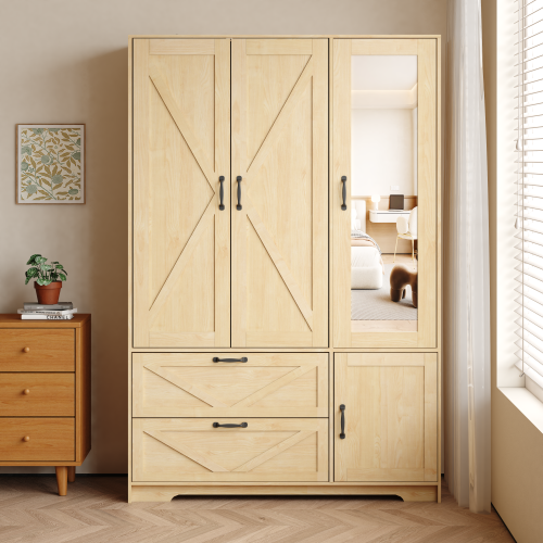 NOVAHOME 72-Inch 4-Door LED Wardrobe with Mirror, 2 Drawers & Hanging Rod