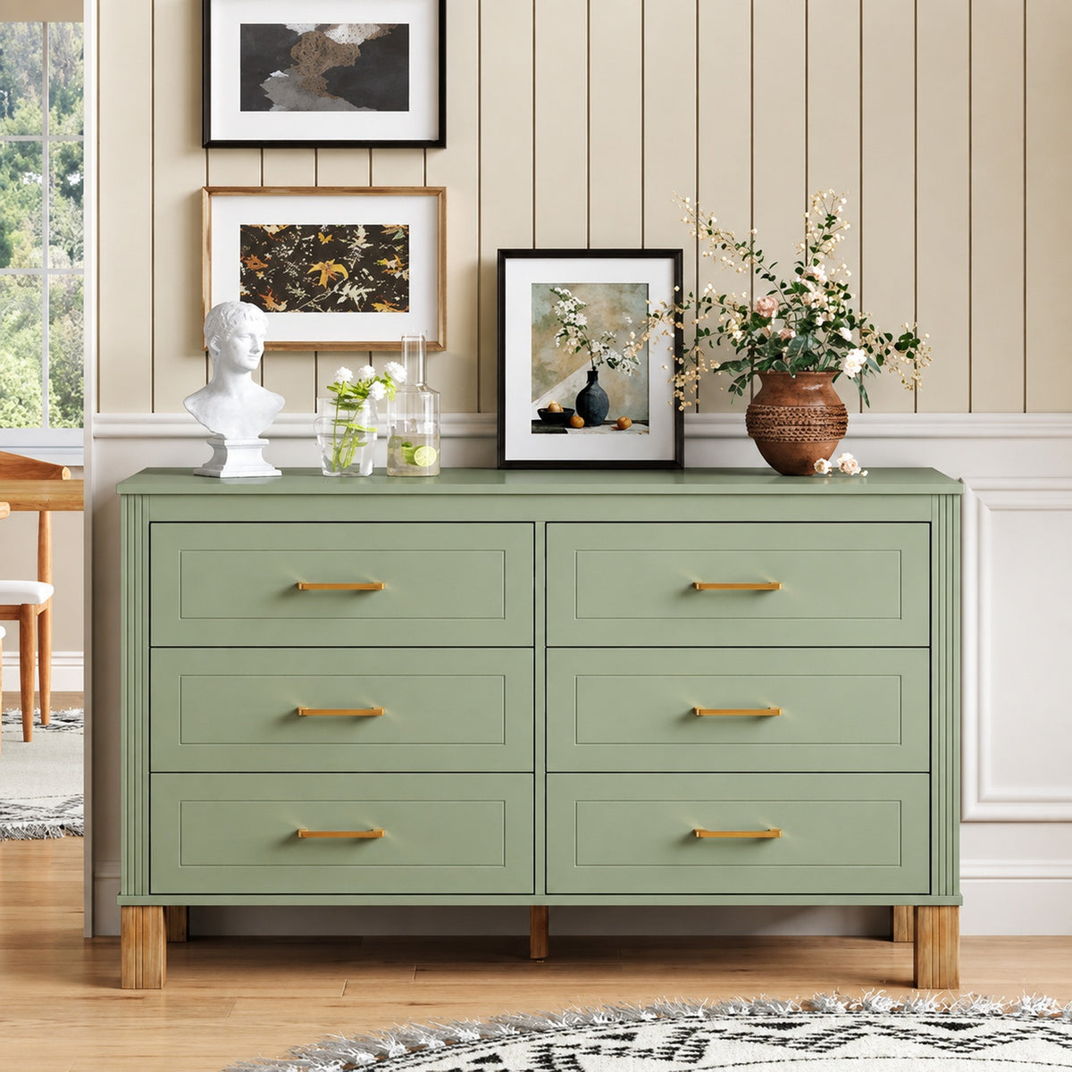 Blue modern six-drawer double dresser with solid wood legs - W1445S00006
