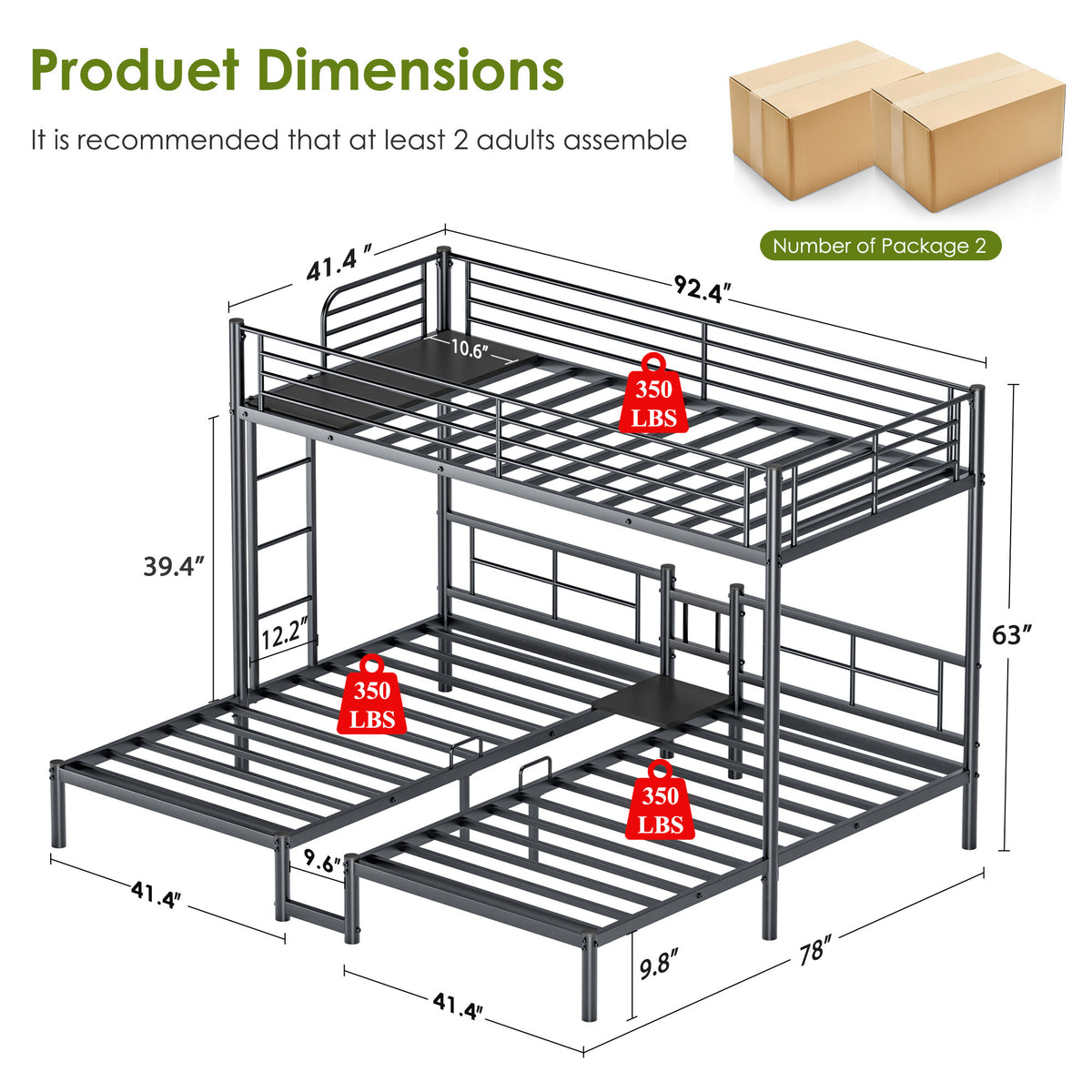 NOVAHOME Metal Triple Bunk Bed with Loft and Two Twin Beds