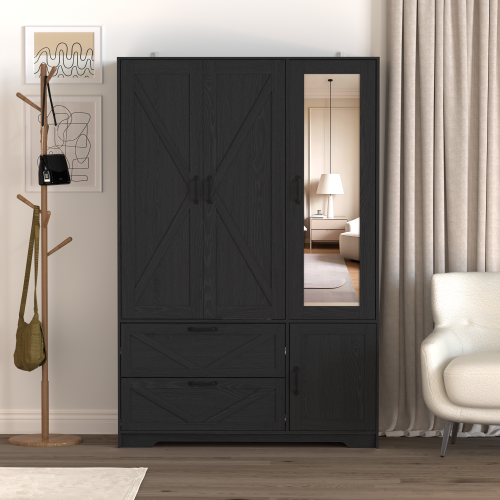 NOVAHOME 72-Inch 4-Door LED Wardrobe with Mirror, 2 Drawers & Hanging Rod