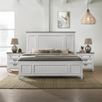 Clelane weathered white wood bedroom set with shiplap panel bed and two nightstands