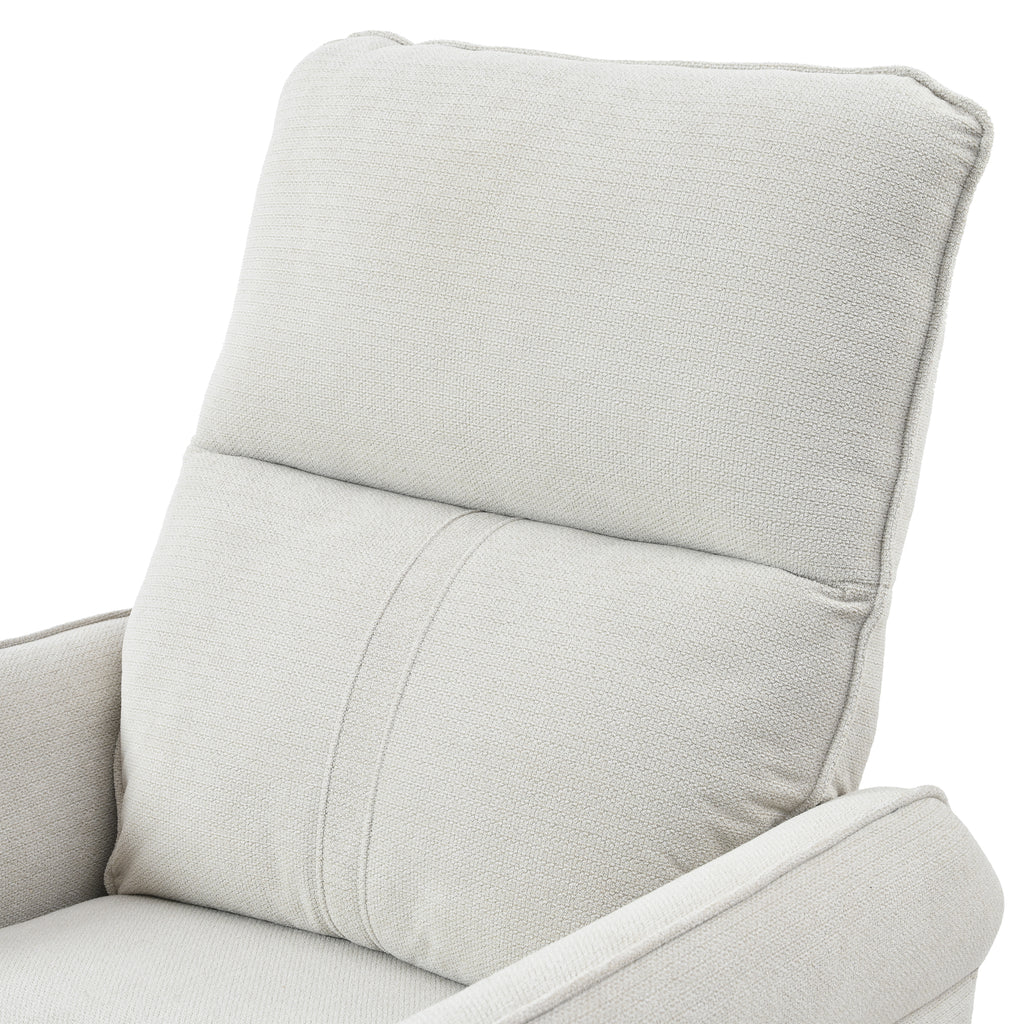 Padded backrest detail on gray swivel recliner