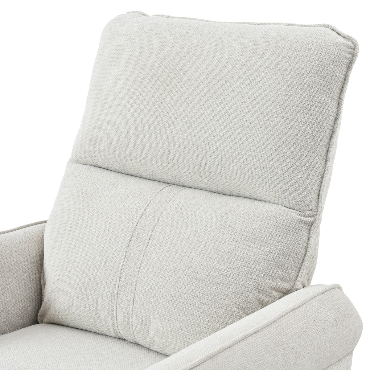 Padded backrest detail on gray swivel recliner