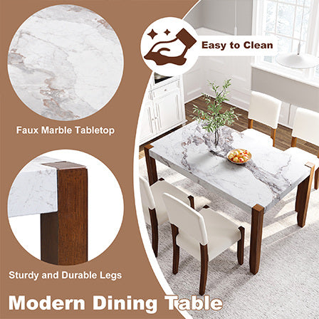 White faux marble dining table with rubberwood legs