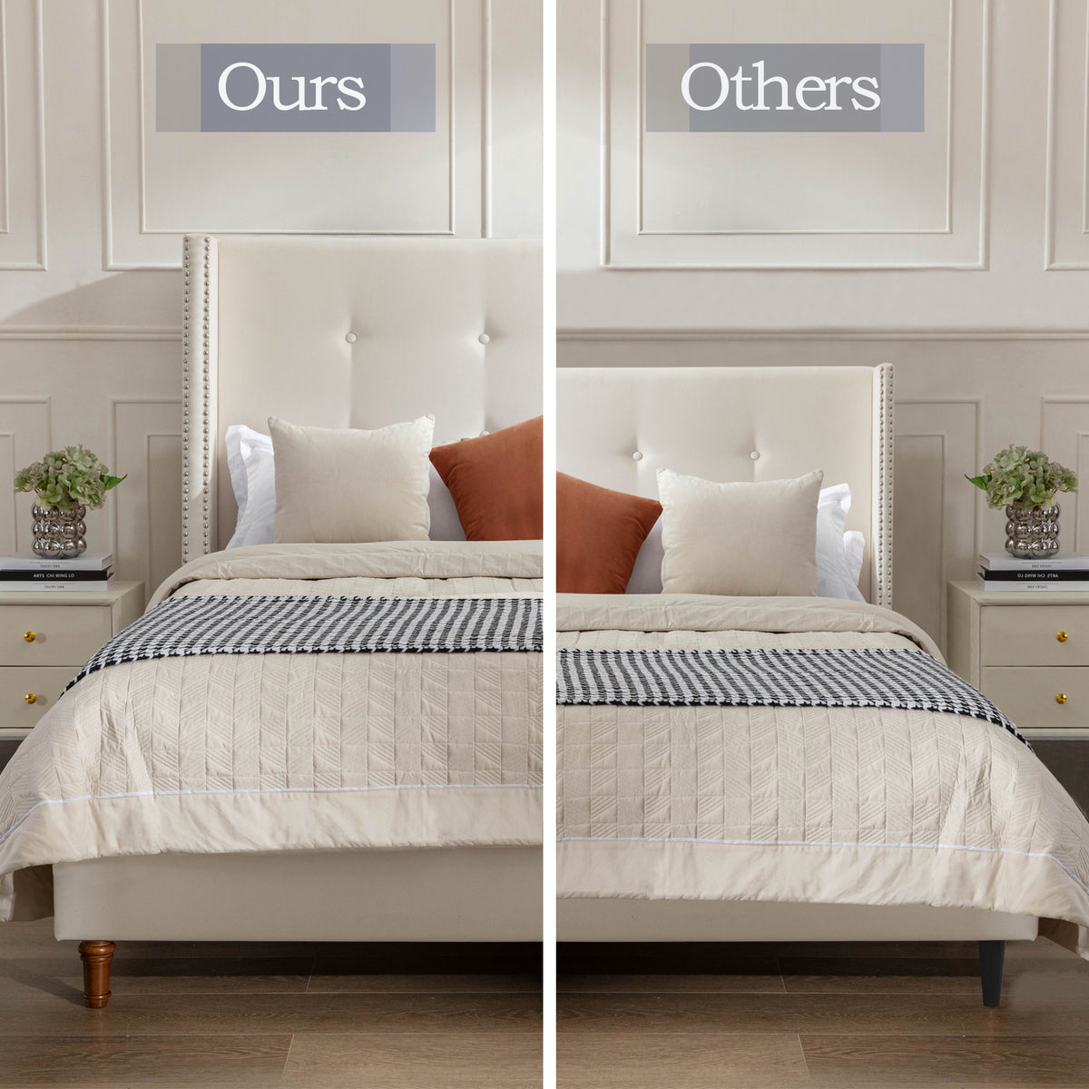 NOVAHOME Peyton queen velvet wingback platform bed detail 2