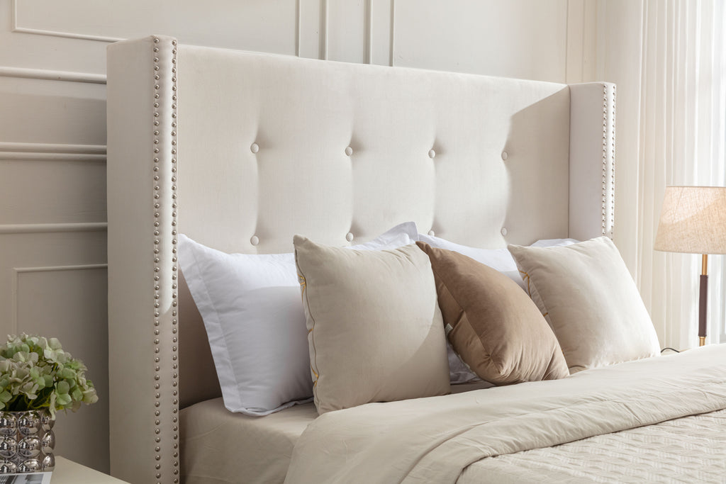 NOVAHOME Peyton queen velvet wingback platform bed detail 3