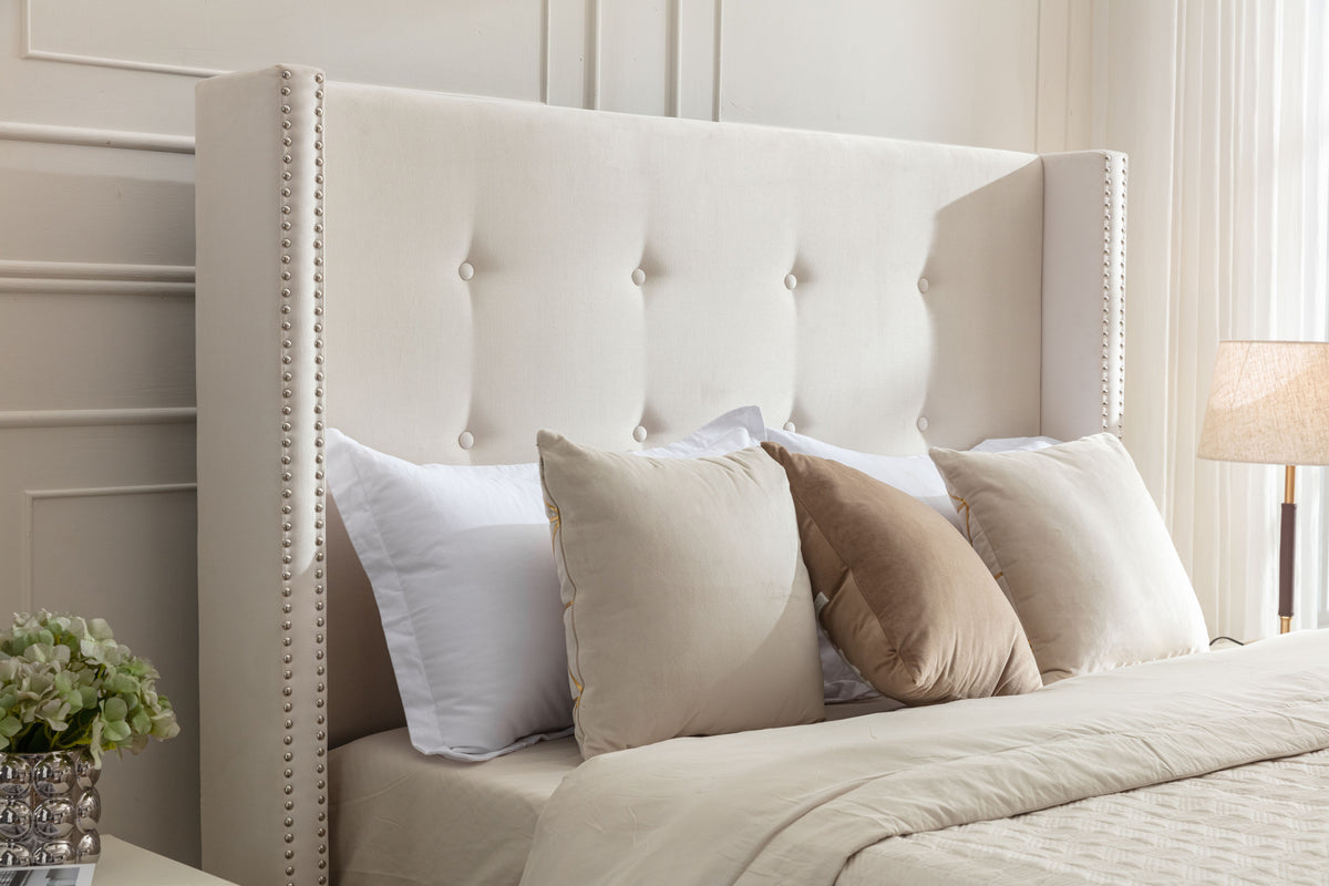 NOVAHOME Peyton queen velvet wingback platform bed detail 3
