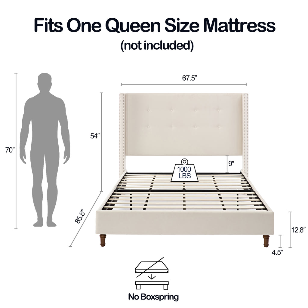 NOVAHOME Peyton queen velvet wingback platform bed detail 5