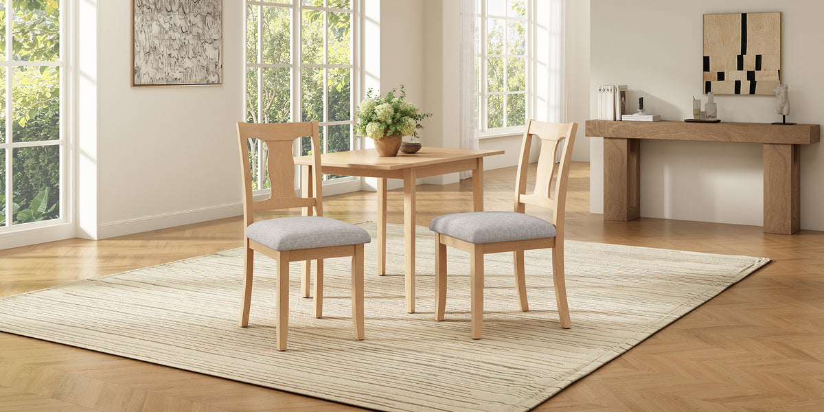 Natural rubberwood dining chairs with beige upholstered seats
