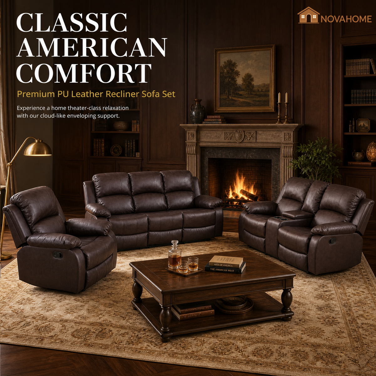 NOVAHOME Manual Reclining PU/PVC Sofa Collection with Consoles