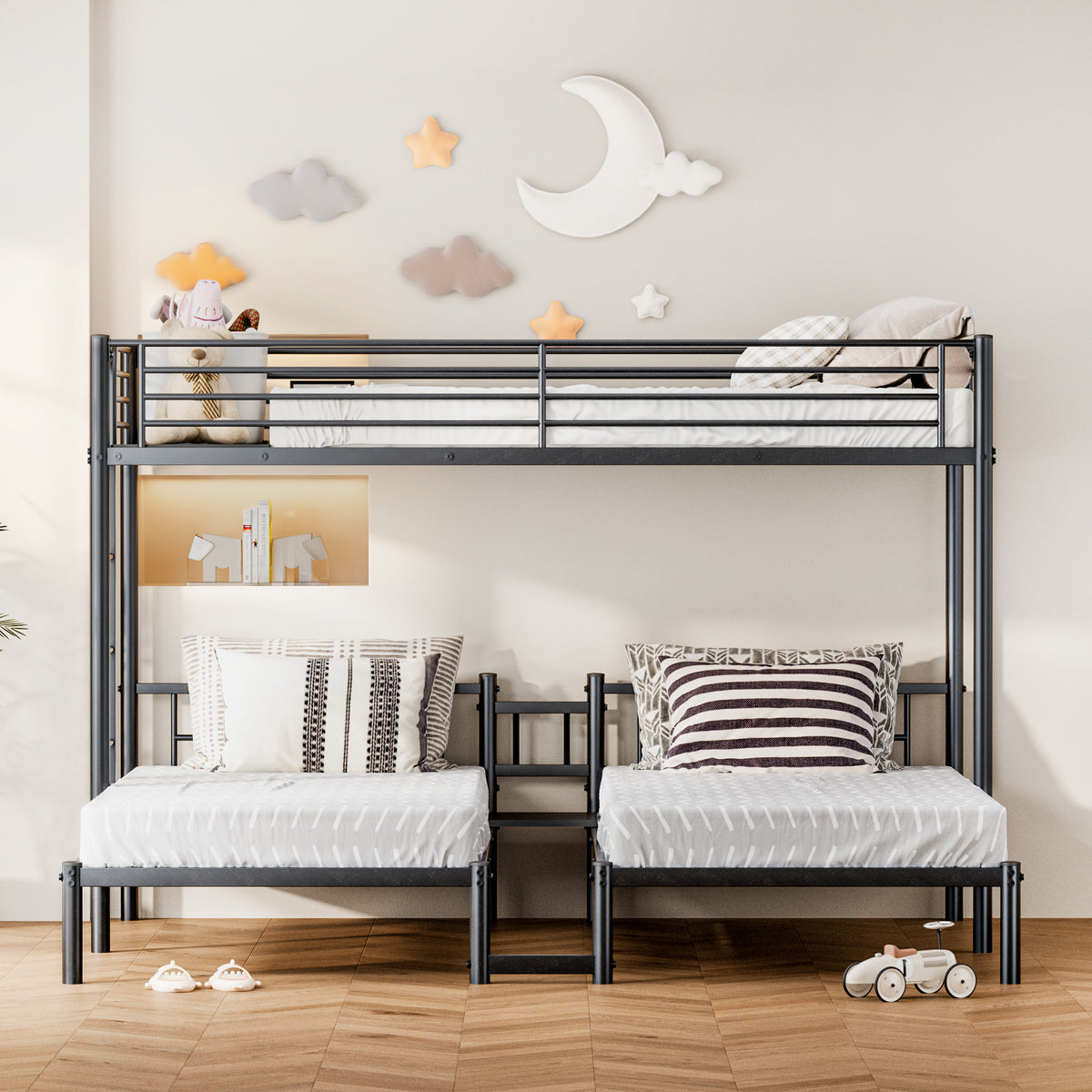 NOVAHOME Metal Triple Bunk Bed with Loft and Two Twin Beds