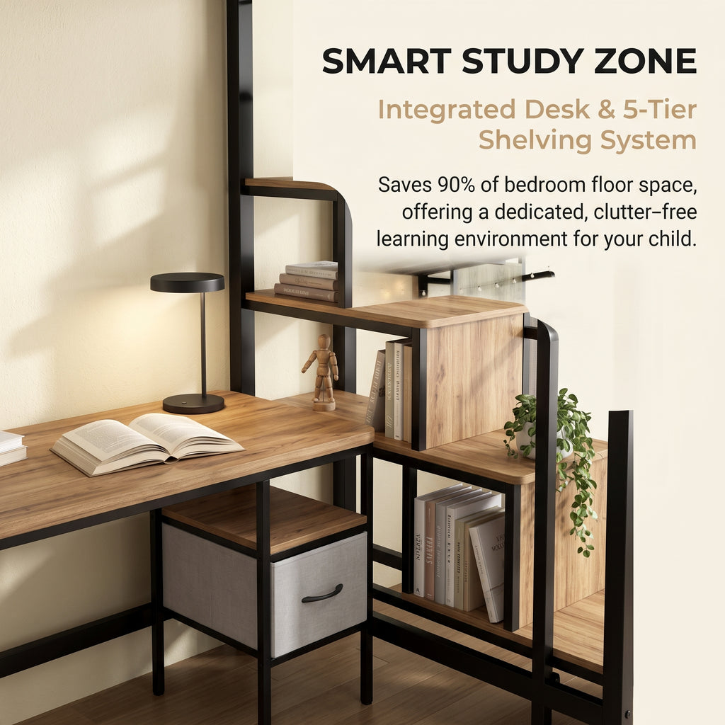 NOVAHOME Metal Loft Bed with Built-in Desk and Storage Stairs, L-Shaped Bunk Bed Frame with Lower Bed