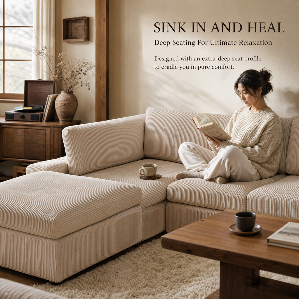 NOVAHOME Beige Corduroy 7-Piece Modular Sectional Sofa Set with Ottoman