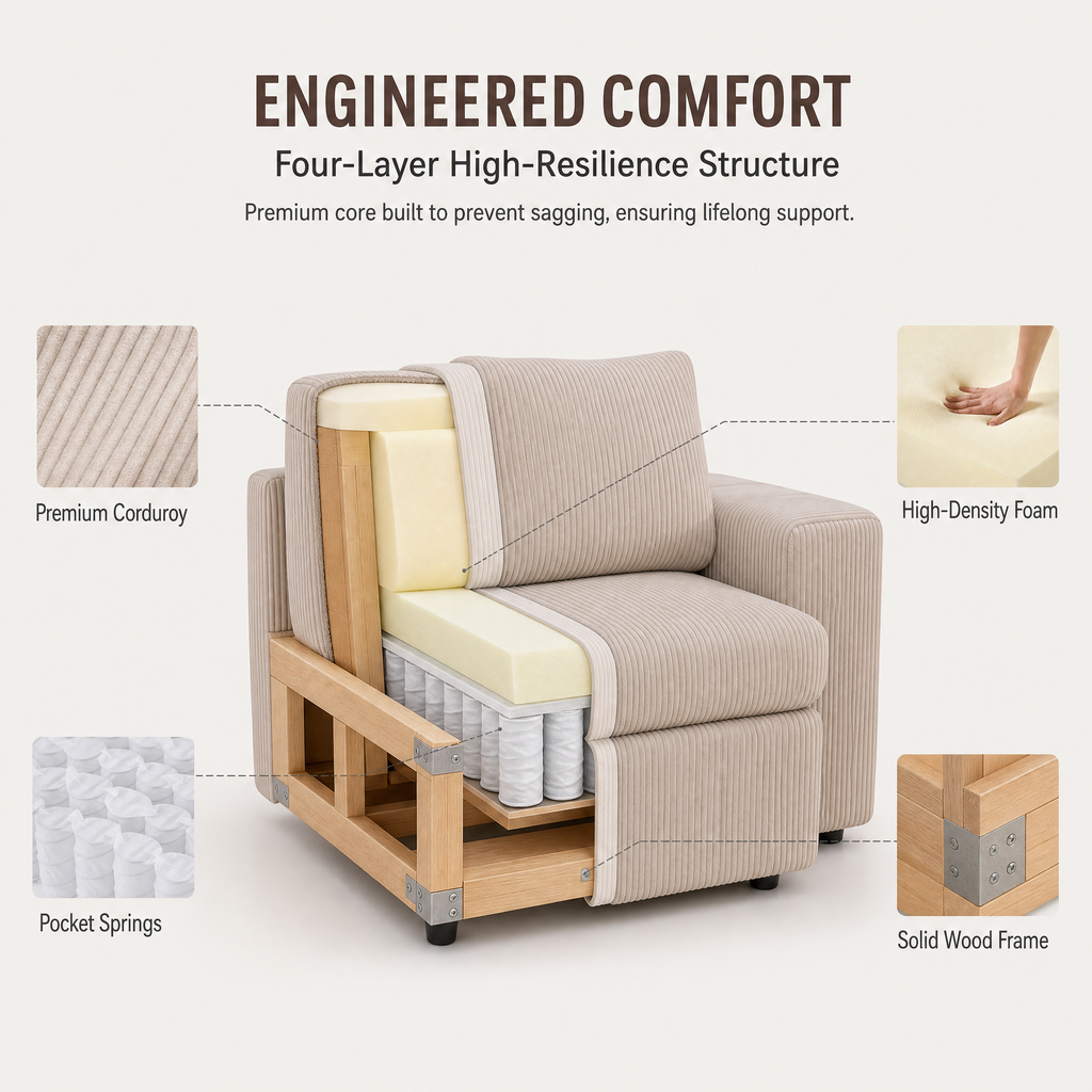 NOVAHOME Beige Corduroy 7-Piece Modular Sectional Sofa Set with Ottoman