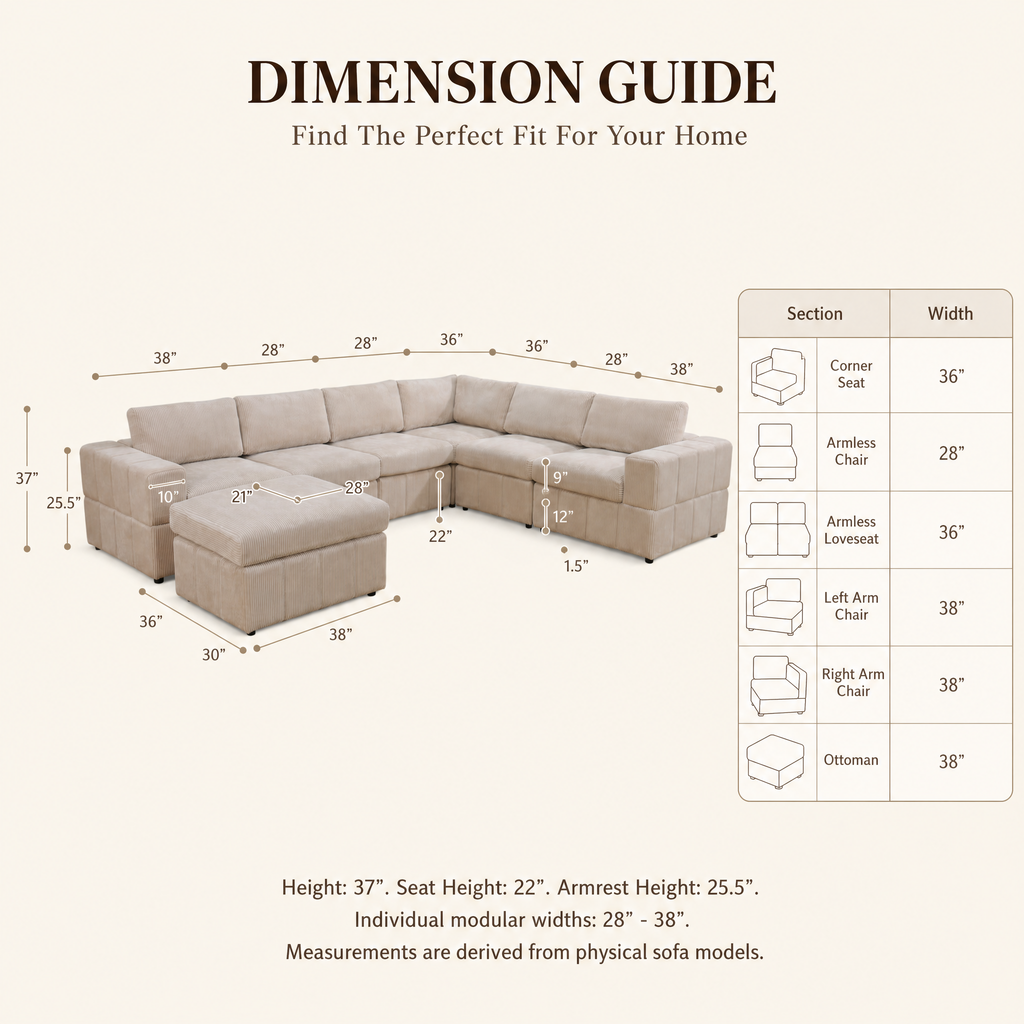 NOVAHOME Beige Corduroy 7-Piece Modular Sectional Sofa Set with Ottoman