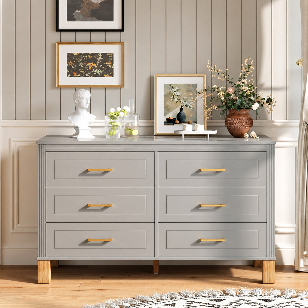 Grey modern six-drawer double dresser with solid wood legs - W1445S00008