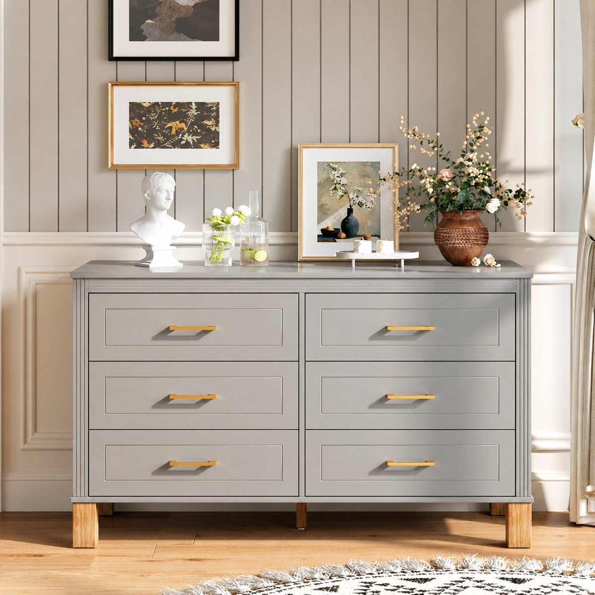 Grey modern six-drawer double dresser with solid wood legs - W1445S00008