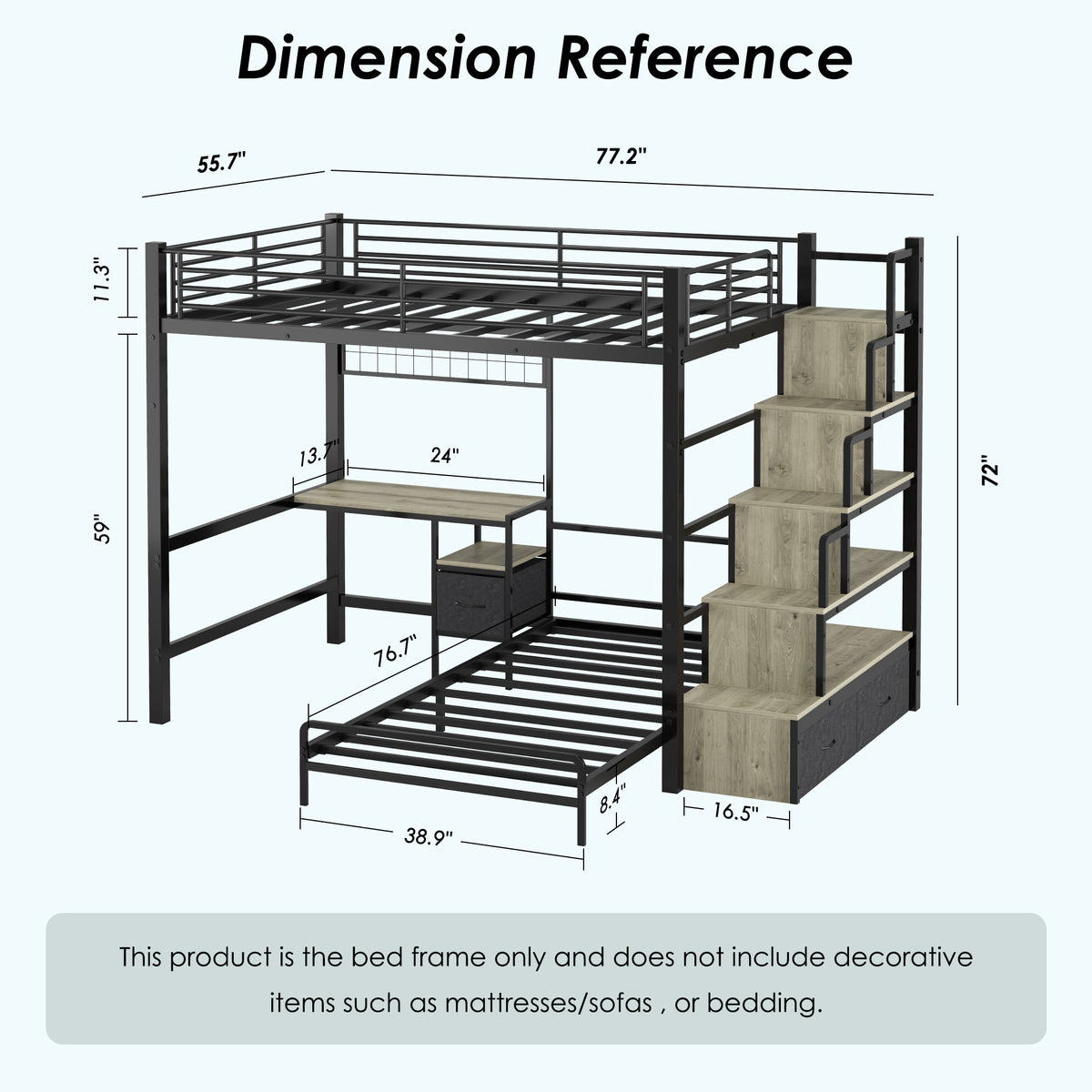 NOVAHOME Metal Loft Bed with Built-in Desk and Storage Stairs, L-Shaped Bunk Bed Frame with Lower Bed