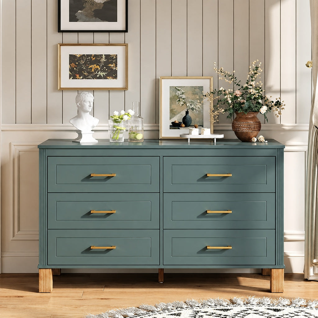 Olive modern six-drawer double dresser with solid wood legs - W1445S00005